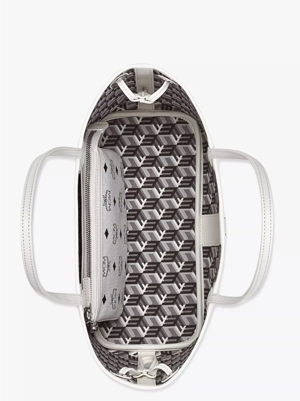 MCM White Top-Handle Tote with Geometric Signature Interior